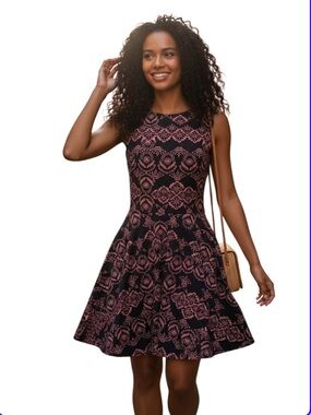 APRICOT Black Dress with Orange Floral Lace Print Sleeveless Fit & Flare Sz M